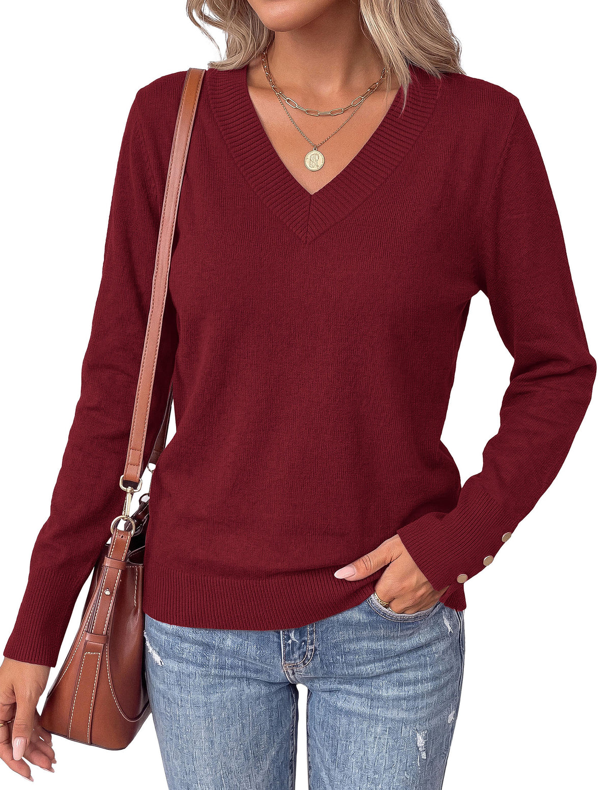 PRETTYGARDEN Fall Sweaters for Women V Neck Lightweight Pullover  Soft Knit Sweater Tops,Long Sleeve,Slit Cuffs with Decorative Button,Work Business Casual Outfits,Layering Winter Clothes