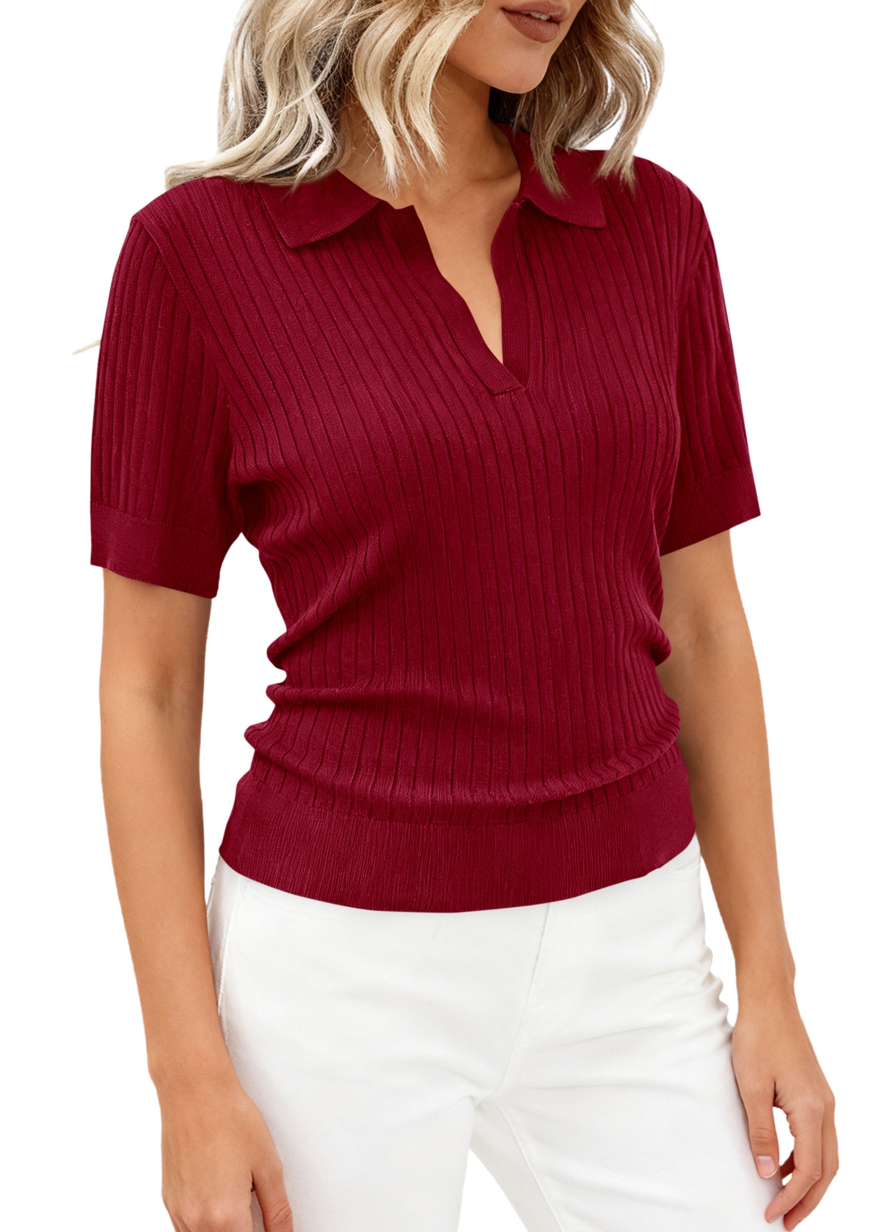 PRETTYGARDEN Women's Short Sleeve Sweater 2026 Spring Polo Shirts Ribbed Knit V Neck Business Casual Tops Summer Work Clothes PRETTYGARDEN