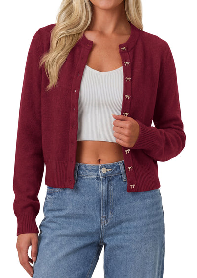 PRETTYGARDEN Womens Cropped Button Up Knit Cardigan Sweater | Cute Crewneck Long Sleeve Lightweight Tops, 2026 Fall Trendy Slim Fit Soft Cozy Casual Cardigans, Holiday Party Sweaters
