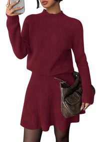 PRETTYGARDEN Women's Fall 2 Piece Outfits Matching Sweater Skirt Sets  Cozy Ribbed Knit, Raglan Long Sleeve, Crewneck Pullover, Elastic Waist A Line, Mini Short Skirts, Holiday Winter Clothing
