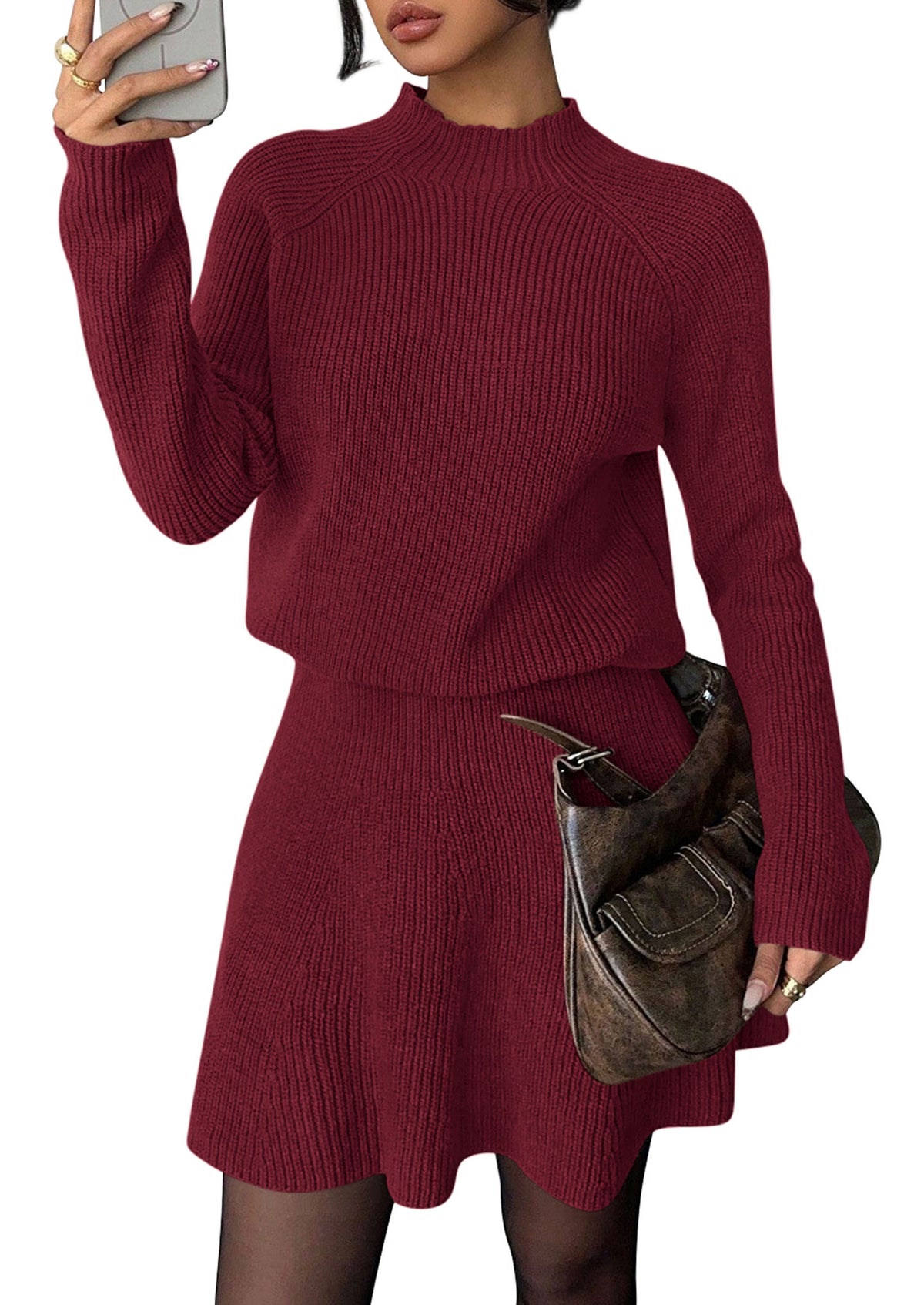PRETTYGARDEN Women's Fall 2 Piece Outfits Matching Sweater Skirt Sets  Cozy Ribbed Knit, Raglan Long Sleeve, Crewneck Pullover, Elastic Waist A Line, Mini Short Skirts, Holiday Winter Clothing