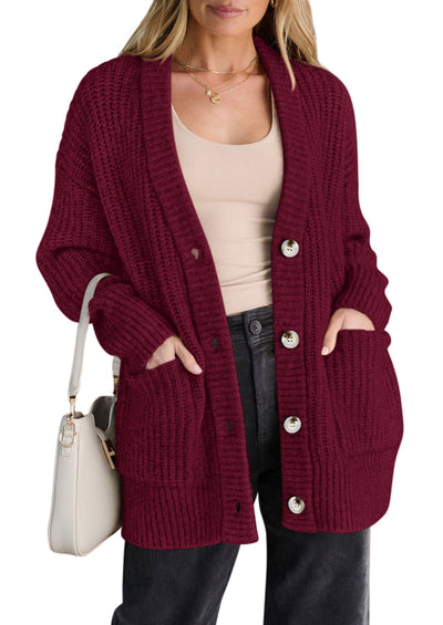 PRETTYGARDEN Oversized Cardigan Sweaters for Women Button Up | V Neck Long Cardigans, Chunky Ribbed Knit Loose Fit with Side Pockets, Casual Daily Office Outfits, Fall Winter Clothing