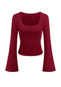 PRETTYGARDEN Womens Long Bell Sleeve Going Out Tops Fall Fashion 2026 Square Neck Ruched Ribbed Shirts Winter Y2K Clothes