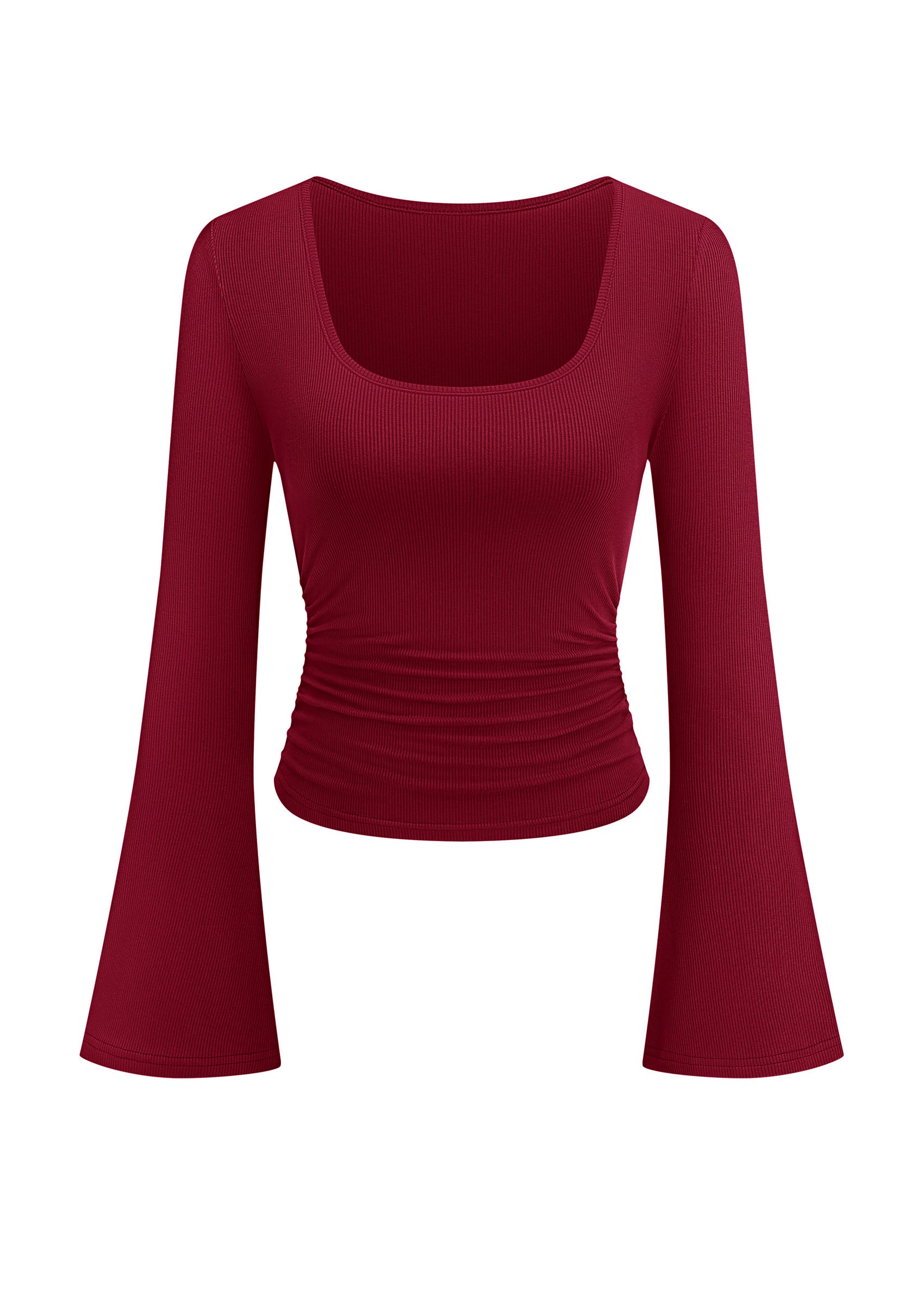 PRETTYGARDEN Womens Long Bell Sleeve Going Out Tops Fall Fashion 2026 Square Neck Ruched Ribbed Shirts Winter Y2K Clothes