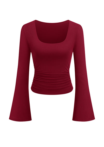 PRETTYGARDEN Womens Long Bell Sleeve Going Out Tops Fall Fashion 2026 Square Neck Ruched Ribbed Shirts Winter Y2K Clothes