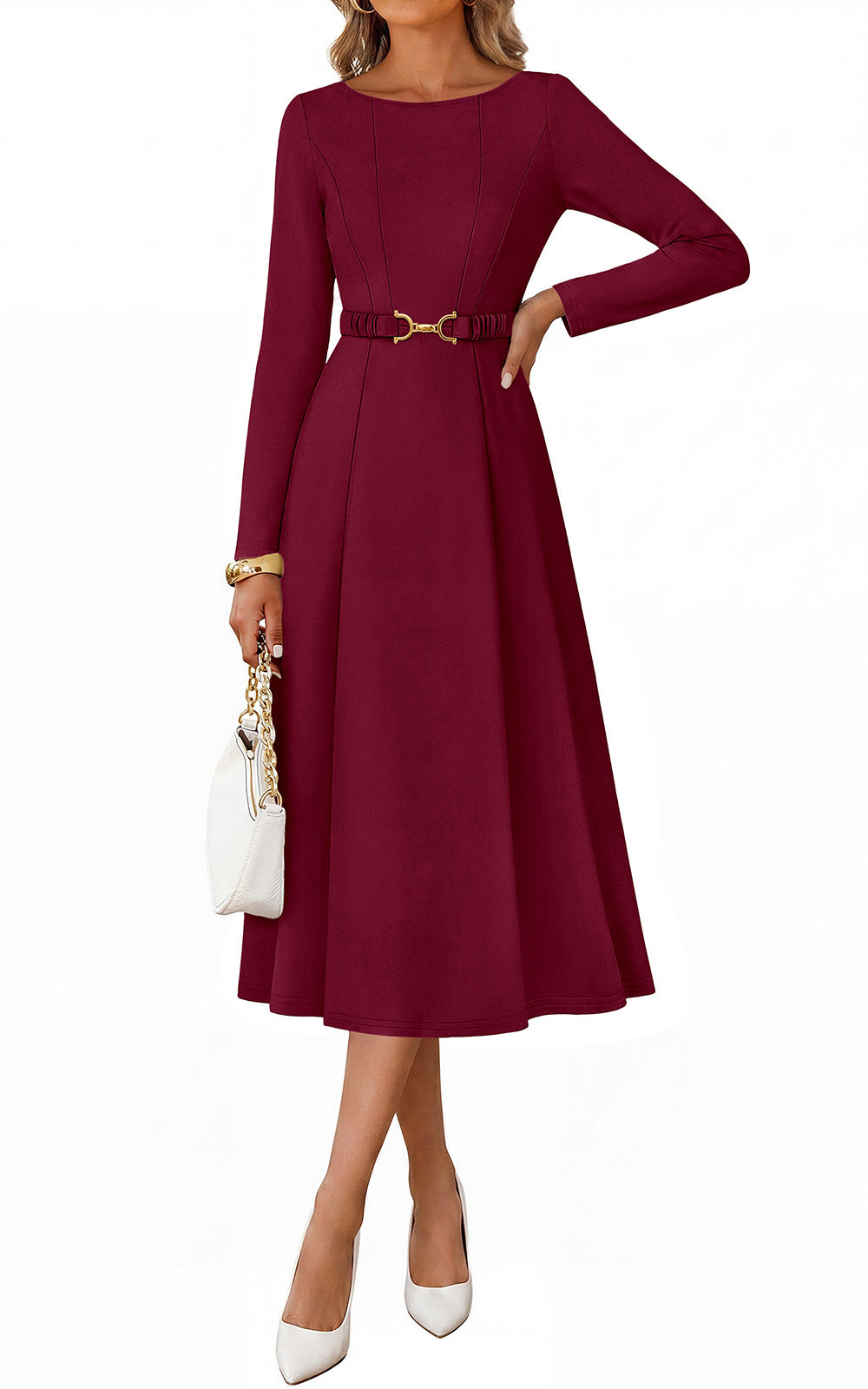 PRETTYGARDEN Women's Fall Long Sleeve Semi Formal Midi Dresses with Pockets Boat Neck, Metal Buckle Tie Waist, Flowy A Line, Elegant Classy Wedding Guest Cocktail Party Dress, Business Casual Outfits