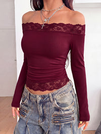 PRETTYGARDEN Women Lace Off the Shoulder Cute Going Out Tops | Y2K Cute Long Sleeve Slim Fit Cropped T-Shirt, Sexy Off Shoulder Tops for Women, Date Night Concert Tops,Fall Outfits 2026