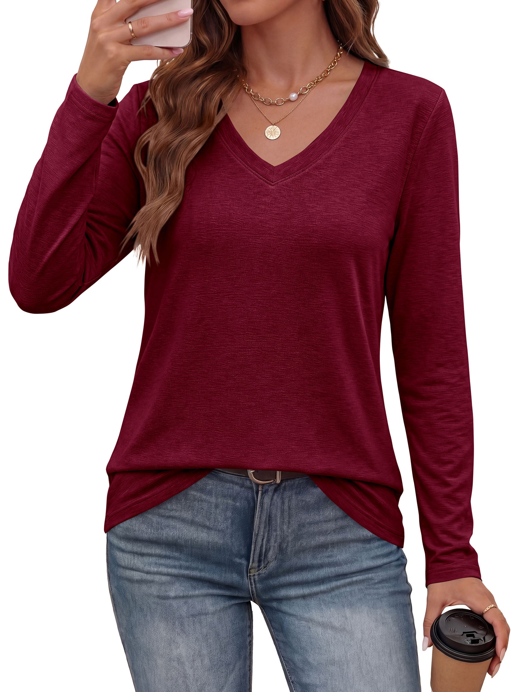PRETTYGARDEN Womens Long Sleeve Shirts V Neck Basic Tees