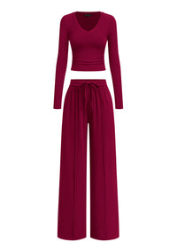 PRETTYGARDEN Women's 2 Piece Lounge Sets Matching Clothing  | V Neck Long Sleeve Tops, Wide Leg Pants Pockets, Airport Travel Outfits, Soft Ribbed Knit, Drawstring Waist, Fall Resort Wear