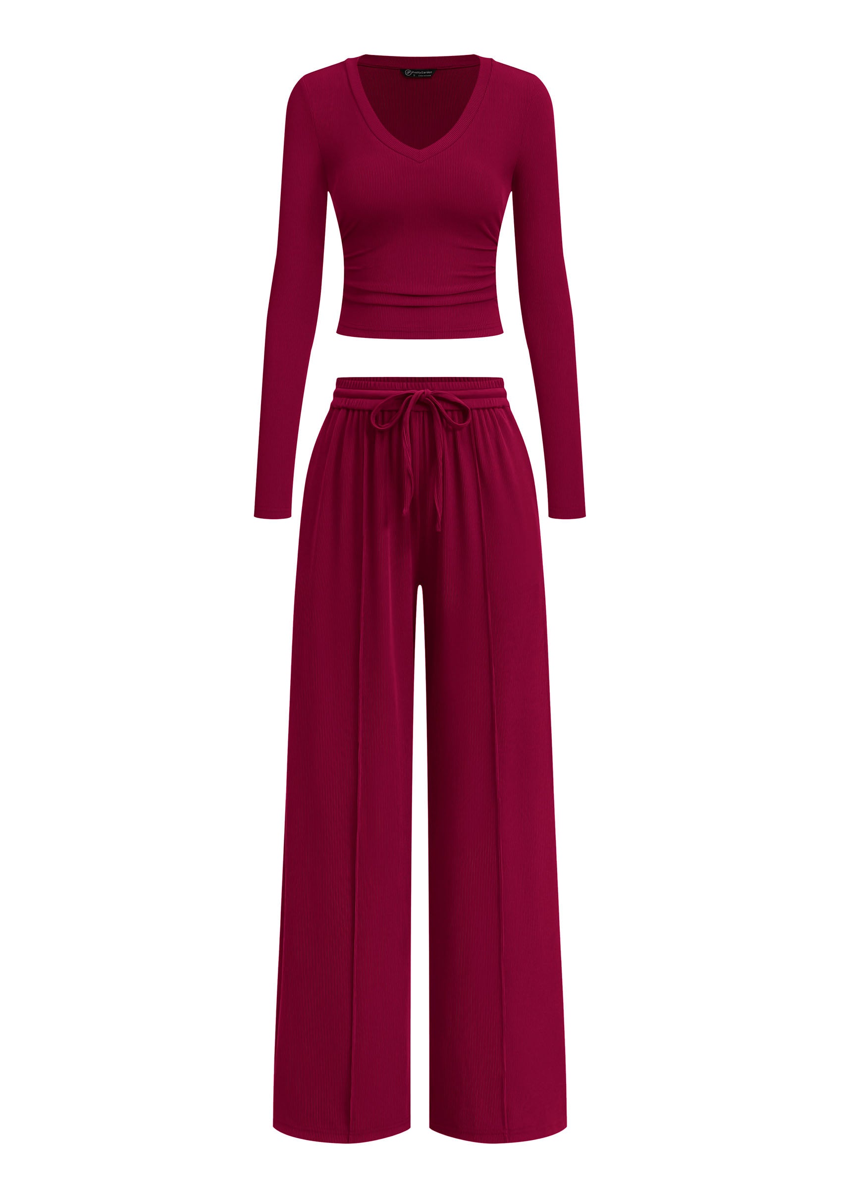 PRETTYGARDEN Women's 2 Piece Lounge Sets Matching Clothing  | V Neck Long Sleeve Tops, Wide Leg Pants Pockets, Airport Travel Outfits, Soft Ribbed Knit, Drawstring Waist, Fall Resort Wear