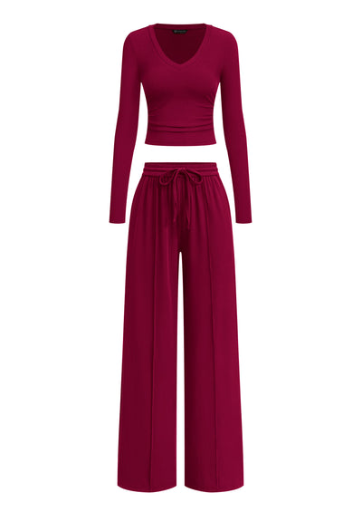 PRETTYGARDEN Women's 2 Piece Lounge Sets Matching Clothing  | V Neck Long Sleeve Tops, Wide Leg Pants Pockets, Airport Travel Outfits, Soft Ribbed Knit, Drawstring Waist, Fall Resort Wear