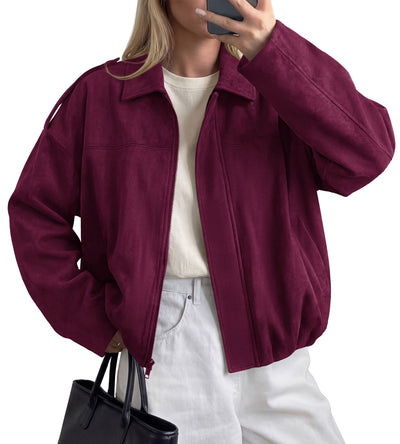 PRETTYGARDEN Women's Faux Suede Cropped Bomber Jacket | Long Sleeve Zip Up Casual Going Out Jackets Coat, Oversized Loose Fit Western Outfits, Trendy Outerwear, Fall Clothes
