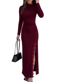 PRETTYGARDEN Womens Mock Neck Long Sleeve Bodycon Maxi Dress  Formal Ruched Lace Trim Long Dresses, High Slit Elegant Gown for Wedding Guest, Cocktail Party, Fall Date Night Outfit
