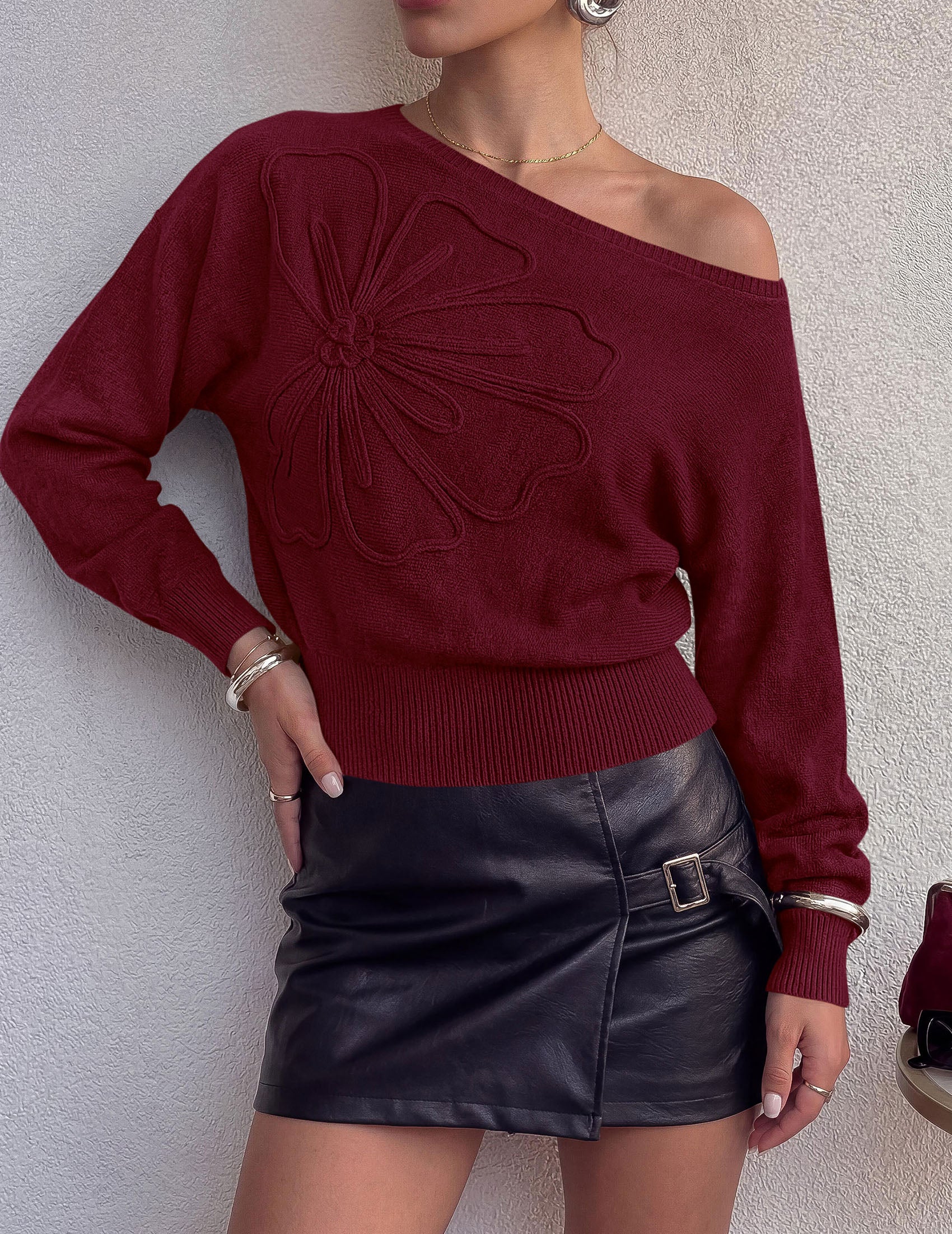 PRETTYGARDEN Women's Fall Off The Shoulder Sweater Tops   | 3D Flower Off Shoulder Sweater, Cinched Waist, Long Sleeve Cropped Sweaters, Knit Pullover Tops, Trendy Date Night Outfit