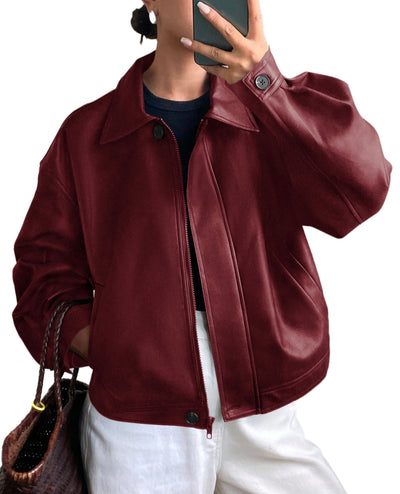 PRETTYGARDEN Women's Faux Leather Oversized Motorcycle Jackets | Fall Zip Up Jacket, Collared Neck, Button Cuff, Relaxed Fit, Long Sleeve, Casual Outerwear, Winter Coats, Fashion Clothing