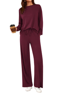PRETTYGARDEN Womens 2 Pieces Lounge Sets Crewneck Long Sleeve Wide Leg Drawstring Pants Tracksuits Loose Fit Outfits Set