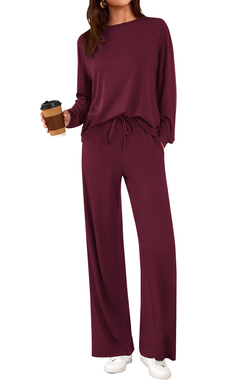 PRETTYGARDEN Womens 2 Pieces Lounge Sets Crewneck Long Sleeve Wide Leg Drawstring Pants Tracksuits Loose Fit Outfits Set