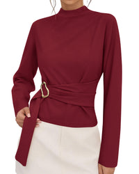 PRETTYGARDEN Women Blouses Fall Dressy Mock Neck Long Sleeve Work Shirts Buckle Belted Tunic Business Casual Tops