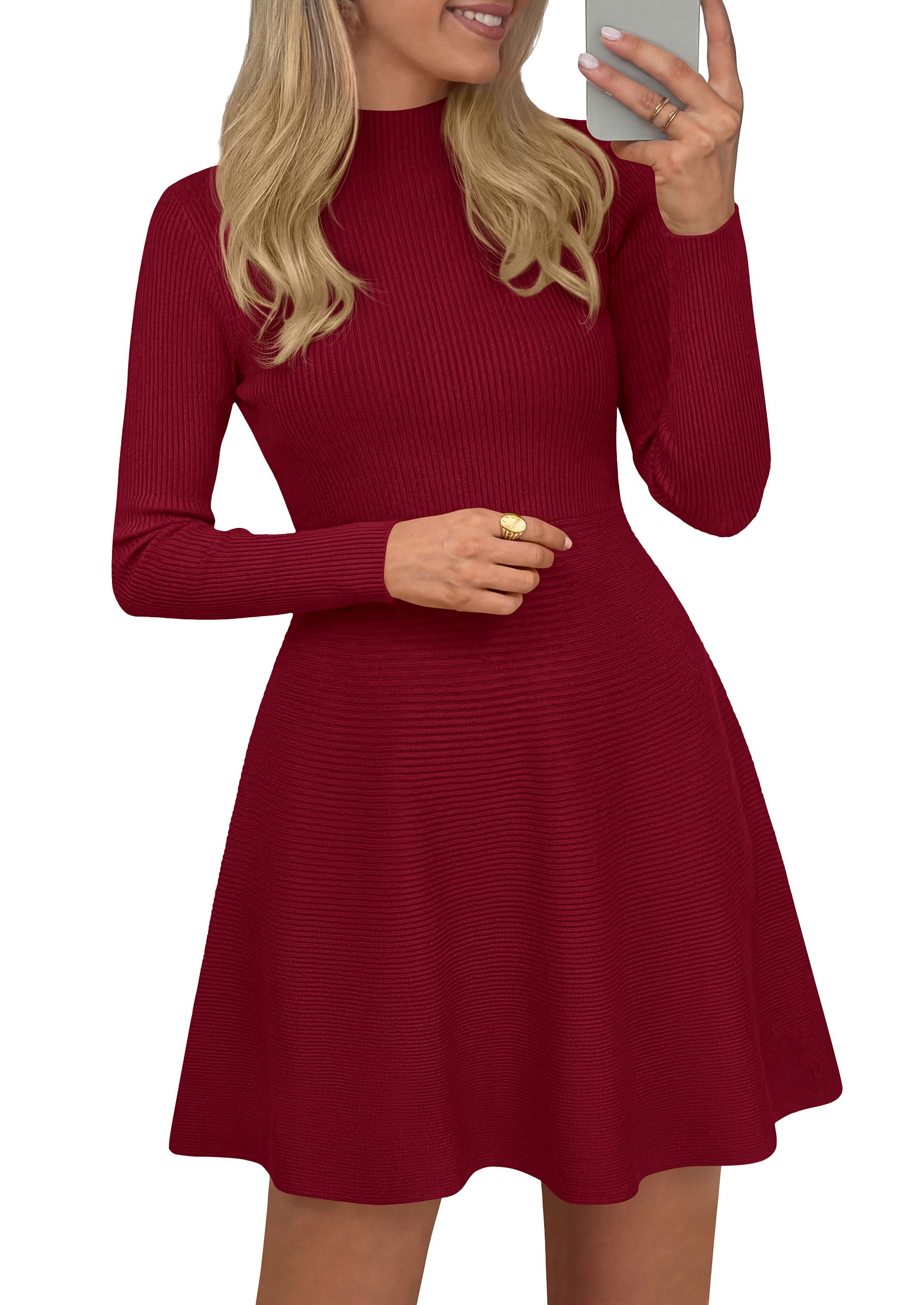 PRETTYGARDEN Womens Mock Neck Long Sleeve Sweater Mini Dress | Soft Ribbed Knit Flared A‑Line, Elegant Fall Winter Dresses for Wedding Guest, Cocktail & Holiday Party Casual Outfits