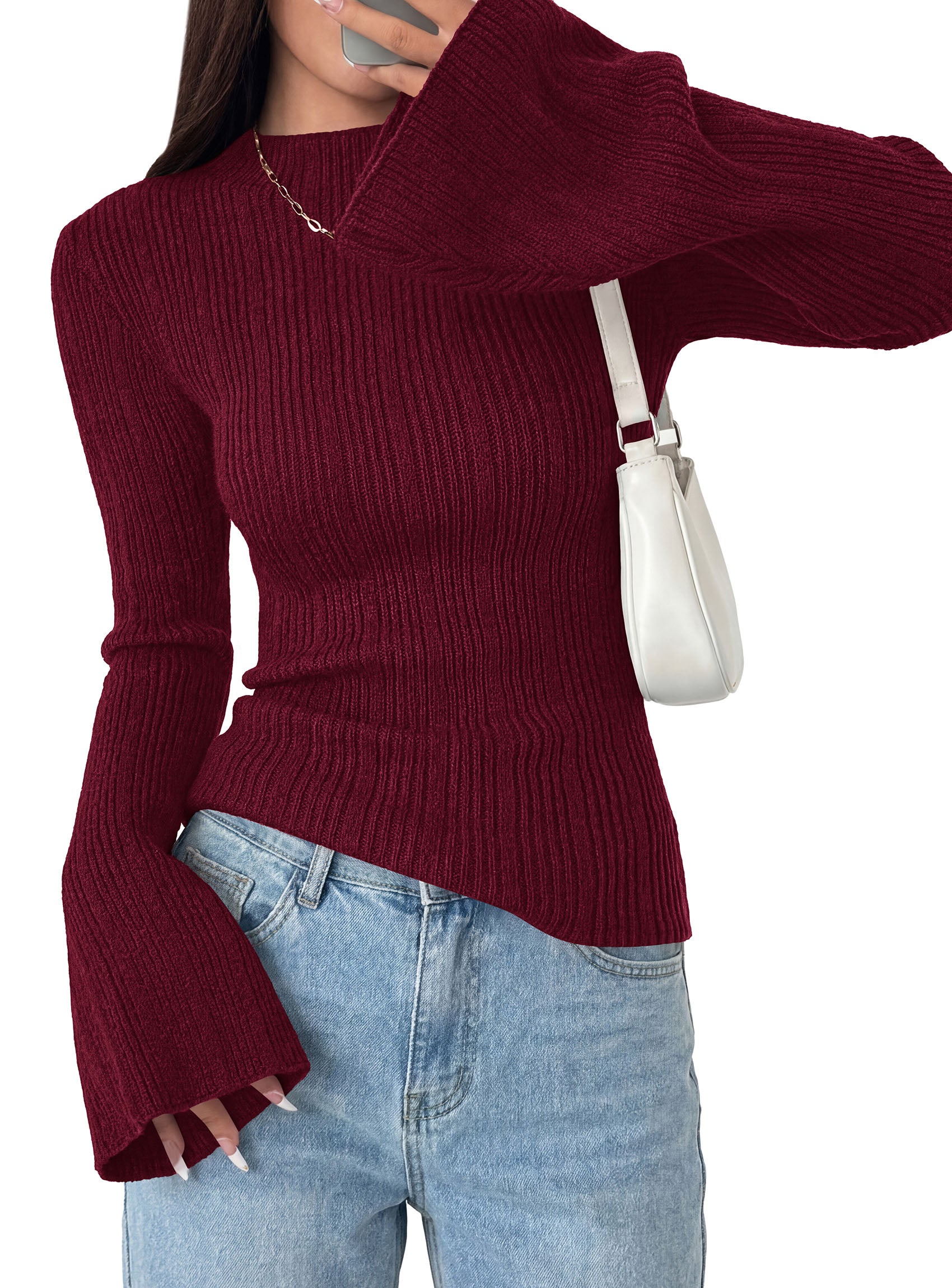 PRETTYGARDEN Sweaters for Women Lightweight Mock Neck Bell Long Sleeve Fitted Tops Ribbed Pullover 2026 Fall Fashion Clothing