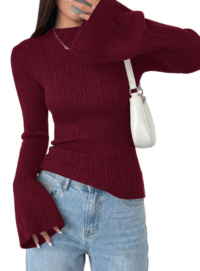 PRETTYGARDEN Sweaters for Women Lightweight Mock Neck Bell Long Sleeve Fitted Tops Ribbed Pullover 2026 Fall Fashion Clothing