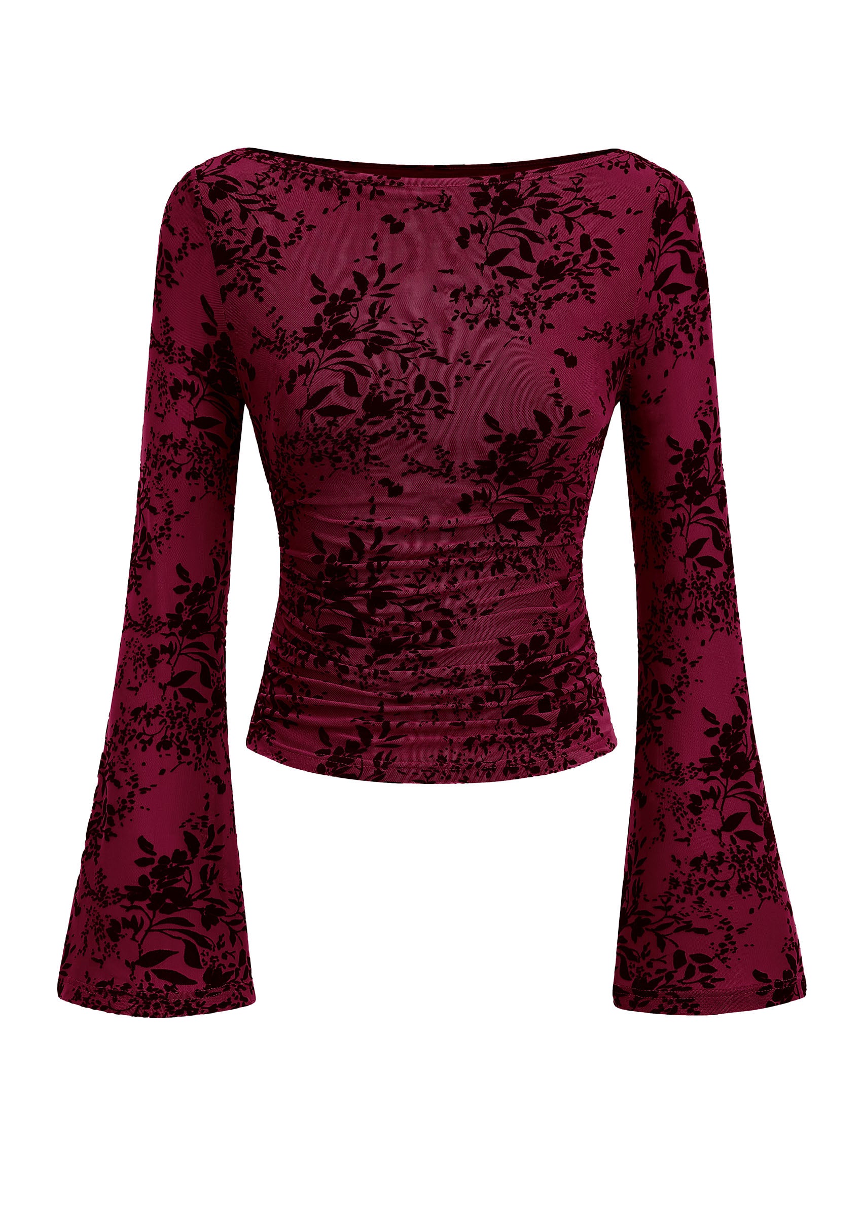 PRETTYGARDEN Women's Bell Sleeve Floral Mesh Crop Tops | Slim Fitted Shirts, Long Sleeve Going Out Top, Ruched Front, Boat Neck, Casual Blouses, Fall Date Night Outfits, Y2K Clothes