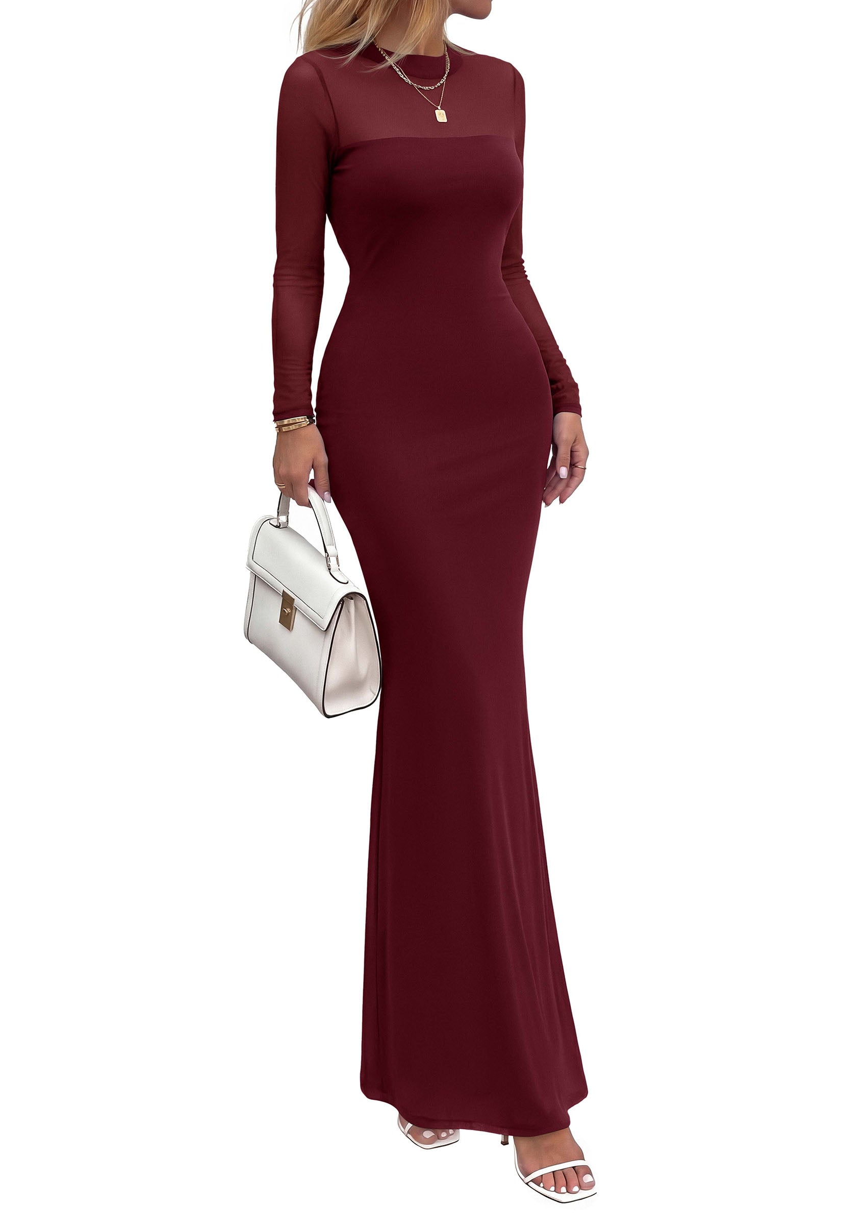 PRETTYGARDEN Women's Formal Mesh Sheer Long Sleeve Maxi Dress | Slimming Mermaid Bodycon Long Dresses, Sexy Elegant Wedding Guest Cocktail Holiday Party Dress, Fall Date Night Outfits