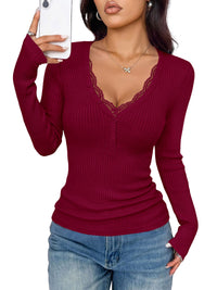 PRETTYGARDEN Women's Lace Trim Ribbed Knit Henley Long Sleeve Shirts Lightweight Button Up V Neck Pullover Tops, Dressy Casual Slim Fit Ladies Blouses, 2026 Early Fall Fashion Y2k Outfits