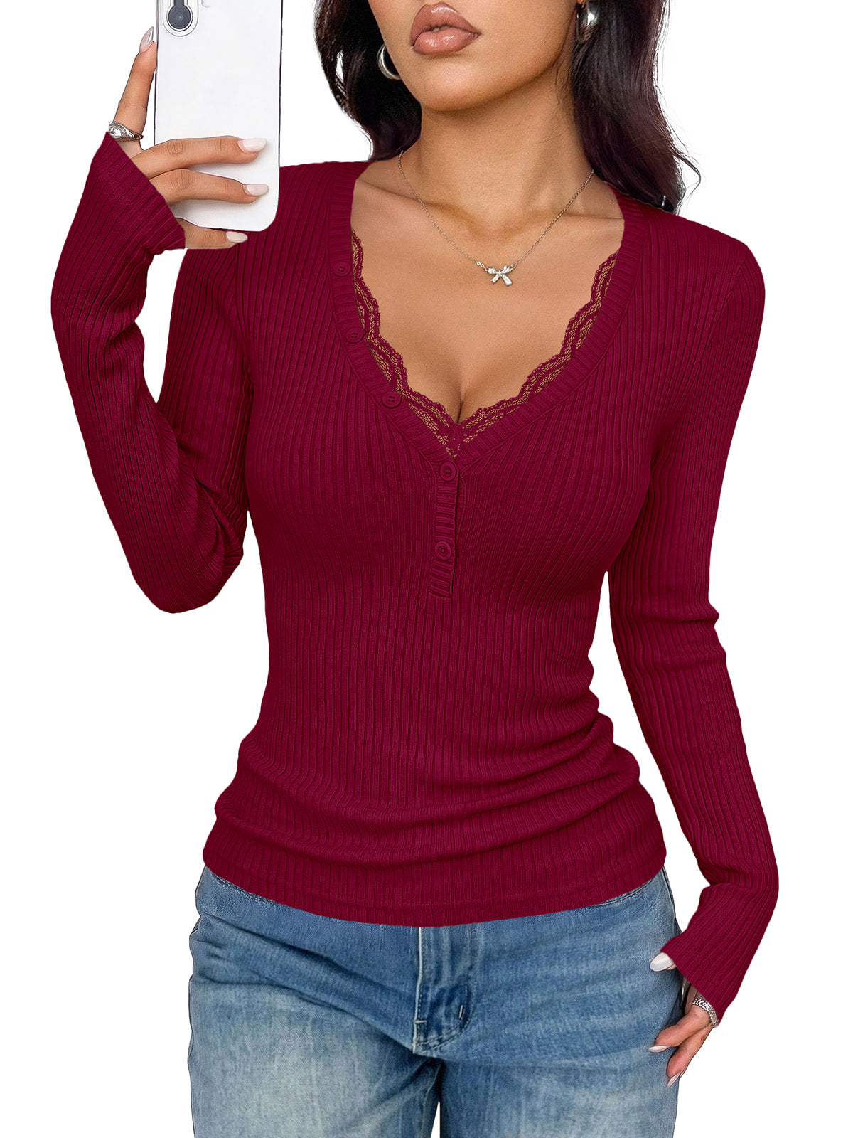 PRETTYGARDEN Women's Lace Trim Ribbed Knit Henley Long Sleeve Shirts Lightweight Button Up V Neck Pullover Tops, Dressy Casual Slim Fit Ladies Blouses, 2026 Early Fall Fashion Y2k Outfits
