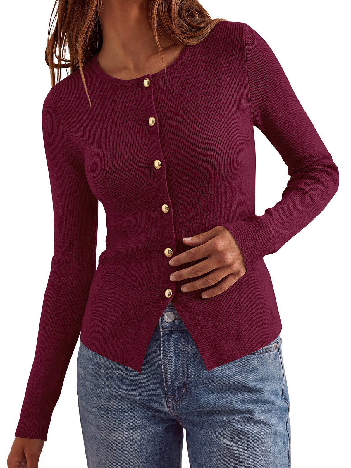 PRETTYGARDEN Long Sleeve Button Front Cardigan Sweaters for Women Fall Tops | Crewneck Ribbed Knit Sweater, Soft Short Cardigans, Business Casual Office Work Tops, Date Night Fashion Clothing Outfits