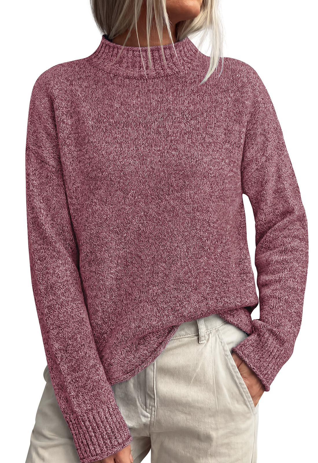 PRETTYGARDEN Womens Sweaters 2026 Mock Neck Ribbed Knit Fall Outfits | Long Sleeve Pullover Tops, Rolled Edge, Loose Fit, Soft Cotton Fabric, Comfy Cozy Sweater, Versatile Casual Cute Clothes