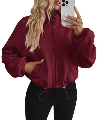 PRETTYGARDEN Womens Zip Up Fleece Cropped Sweatshirt Jacket | Oversized Loose Soft Stand Collar with Drawstring Hem, Long Sleeve Casual Coat With Pockets, Fall Outfits Winter Clothing