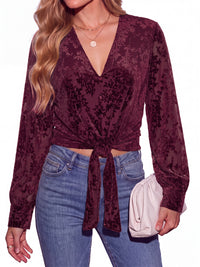 PRETTYGARDEN Women Double Lined Long Sleeve Shirts Tie Knot Front Crop Tops Sheer Sleeves, Velvet Jacquard Floral, Delicate Decorate Button, Classic V Neck, Elegant Dressy Blouses, Casual Fall Outfits