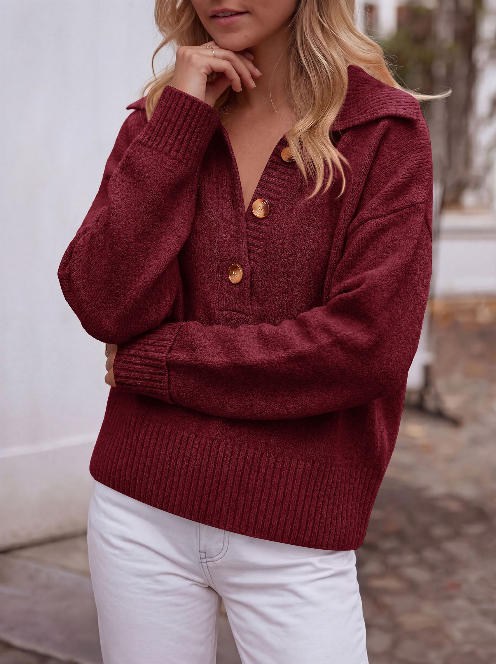 PRETTYGARDEN Womens Fall Long Sleeve Sweaters Button up V Neck Polo Shirts | Quarter Button Collared Tops, Ribbed Knit Comfy Shirts, Relaxed Fit Sweater Tops, Casual Fall Outfits for Women 2026