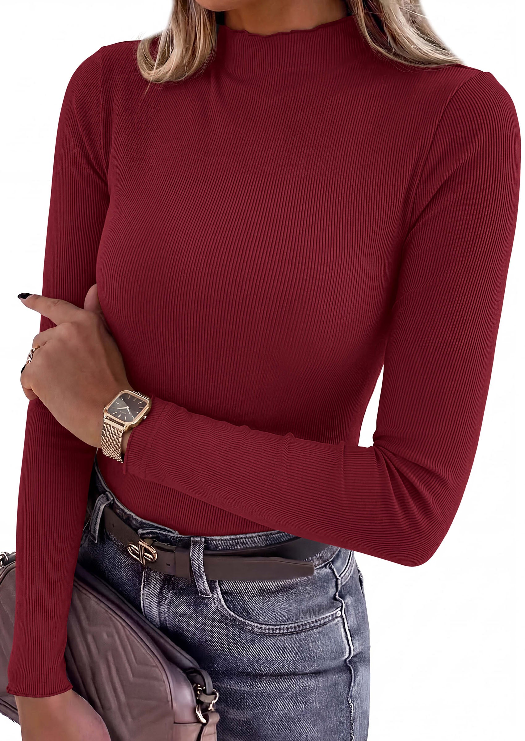 PRETTYGARDEN Women's Fall Long Sleeve Shirts Basic Tees | Soft Stretchy Ribbed Fabric, Lettuce Trim Mock Neck, Slim Fitted Cute Tops, Layering Fashion Clothing, Trendy Casual Outfits