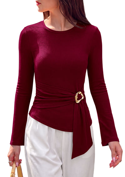 PRETTYGARDEN Long Sleeve Shirts for Women Asymmetricall Tops | Dressy Casual Blouses, Slim Fit Waist Tie Ruched Top, Soft ‌Stretchy, Going Out Work Office Outfit, 2026 Fall Fashion Clothes
