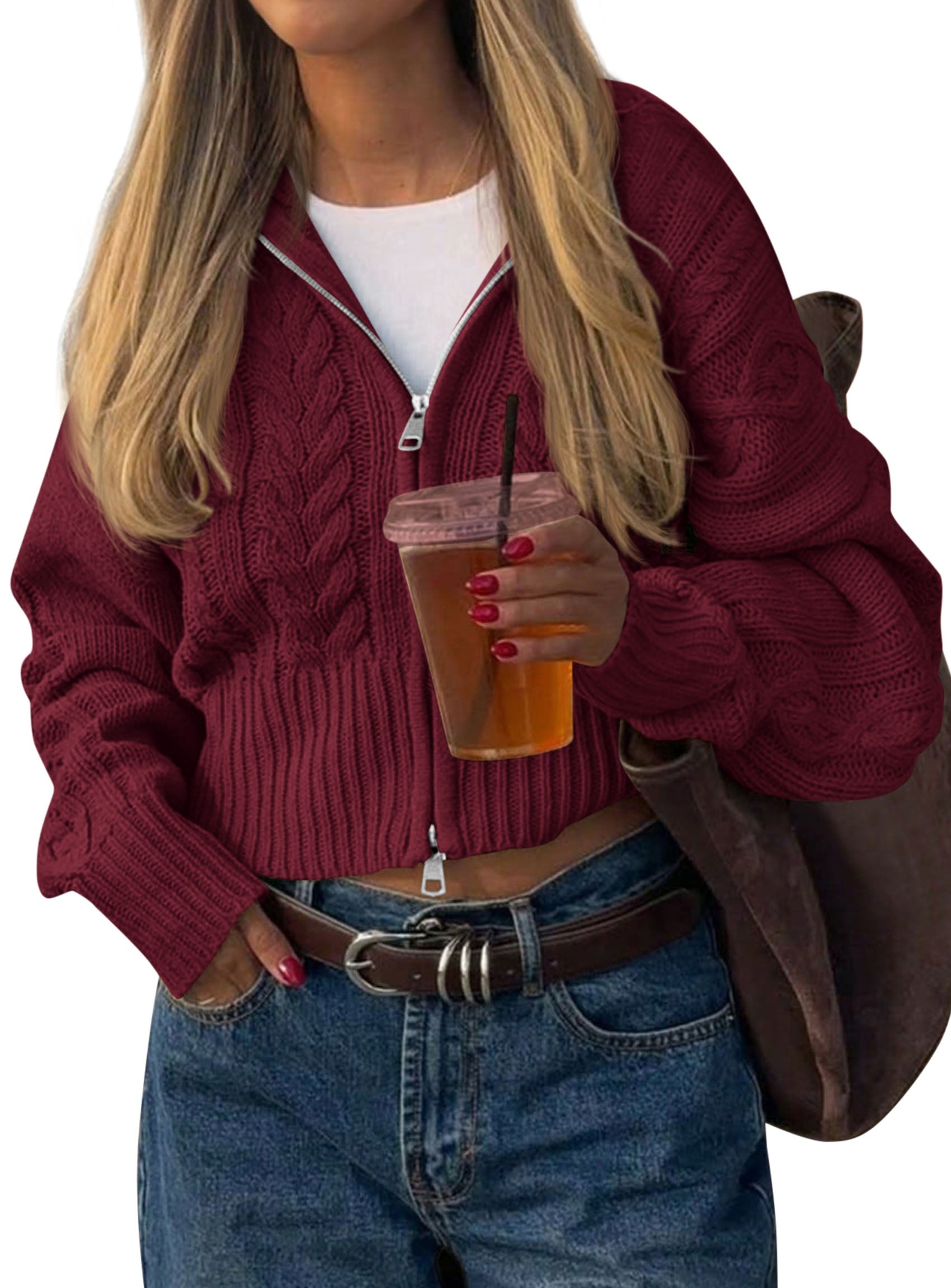 PRETTYGARDEN Women's Cable Knit Cropped Cardigan Sweaters | Oversized Sweater, Long Sleeve Zip Up Jacket, Collared Neck, Ribbed Hem, Cozy Soft Casual Wear, Fall Clothes Winter Outerwear