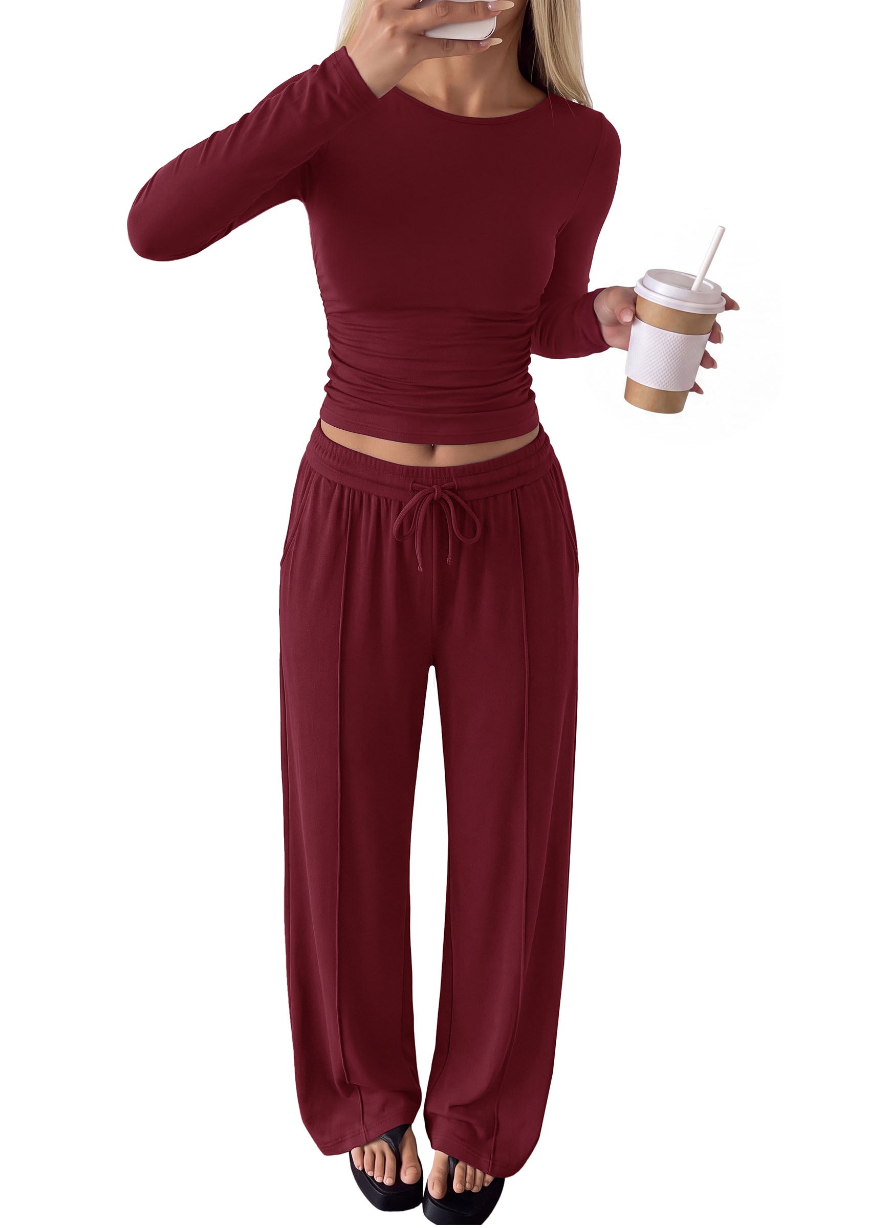 PRETTYGARDEN Women's Matching Lounge Sets 2 Piece Outfits  Boat Neck Long Sleeve Tops, Wide Leg Pants Pockets, Ruched Waist, Travel Airport Resort Wear, Casual Fall Fashion Clothing
