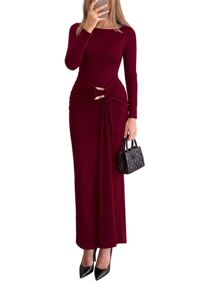 PRETTYGARDEN Women's Long Sleeve Ruched Bodycon Maxi Dress | Wedding Guest Dresses, Twist Knot Waist, Back Slit, Slim Fitted, Formal Wear, Cocktail Holiday Party, Date Night Fall Outfits