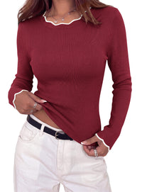 PRETTYGARDEN Women's Long Sleeve Ribbed Knit Pullover Sweaters | Contrast Trim, Going Out Tops, Soft Stretch Fabric, Slim Fitted, Scallop Edge, Casual Fall Outfits, Layering Winter Clothing