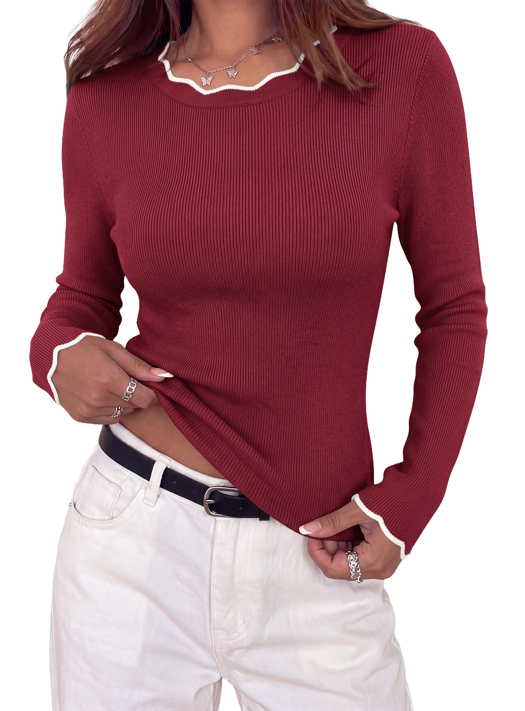 PRETTYGARDEN Women's Long Sleeve Ribbed Knit Pullover Sweaters | Contrast Trim, Going Out Tops, Soft Stretch Fabric, Slim Fitted, Scallop Edge, Casual Fall Outfits, Layering Winter Clothing