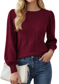PRETTYGARDEN Women Fall Fashion Hollow Out Holiday Sweaters | Stretchy Cozy Knit, Puff Long Sleeve Pullover Tops, Crewneck Loose Fit, Dressy Casual Blouse, Trendy Winter Going Out Outfits