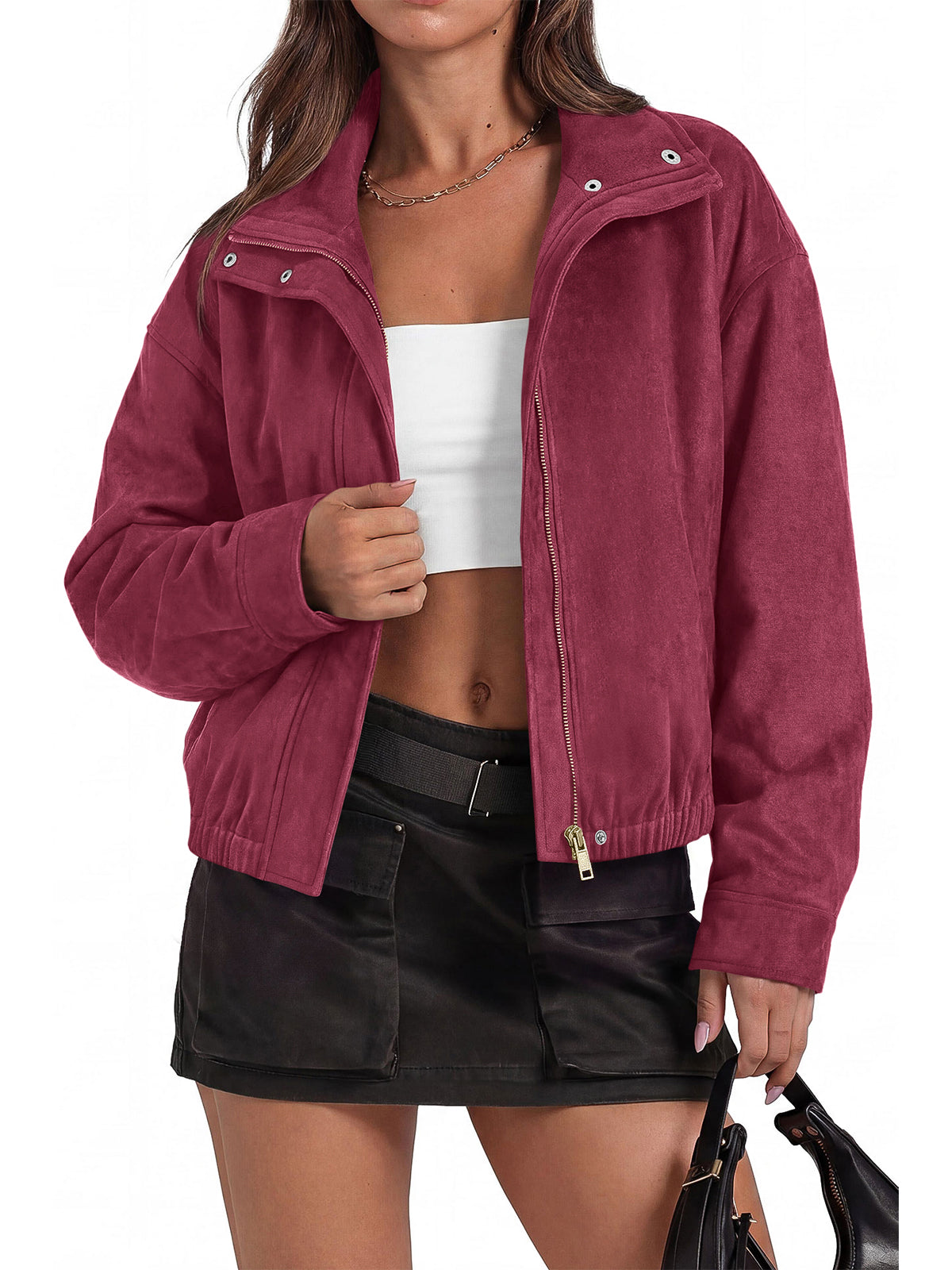 PRETTYGARDEN Lightweight Faux Suede Cropped Bomber Jacket Women Outerwear | Full Zipper, Elastic Hem, Lapel Collar, Long Sleeve Fall Jackets, Loose Fit Ladies Coats, Fashion Clothing with Pockets