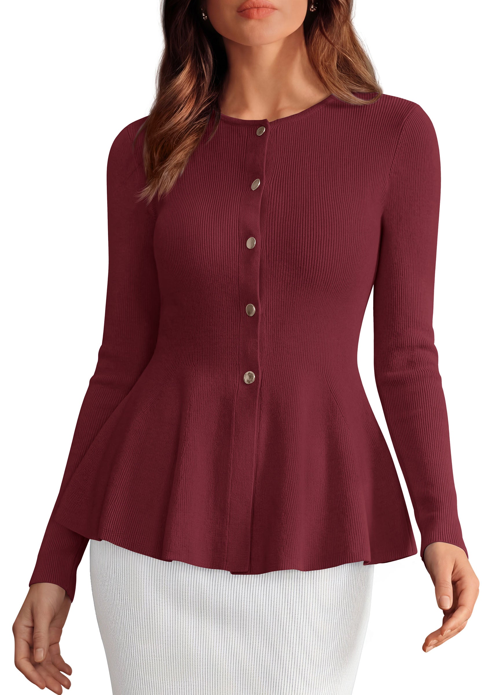 PRETTYGARDEN Women's Fall Lightweight Cardigan Sweaters | Long Sleeve Peplum Tops, Button Up, Slim Fitted, Flared Hem, Soft Ribbed Knit, Business Casual Outfits, Winter Trendy Clothes