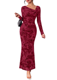 PRETTYGARDEN Womens Fall Asymmetrical Neck Formal Wedding Guest Maxi Dress  Slim Fit Mesh Floral, Ruched Bodycon Long Sleeve, Elegant Cocktail Party, Homecoming Fall Winter Dresses