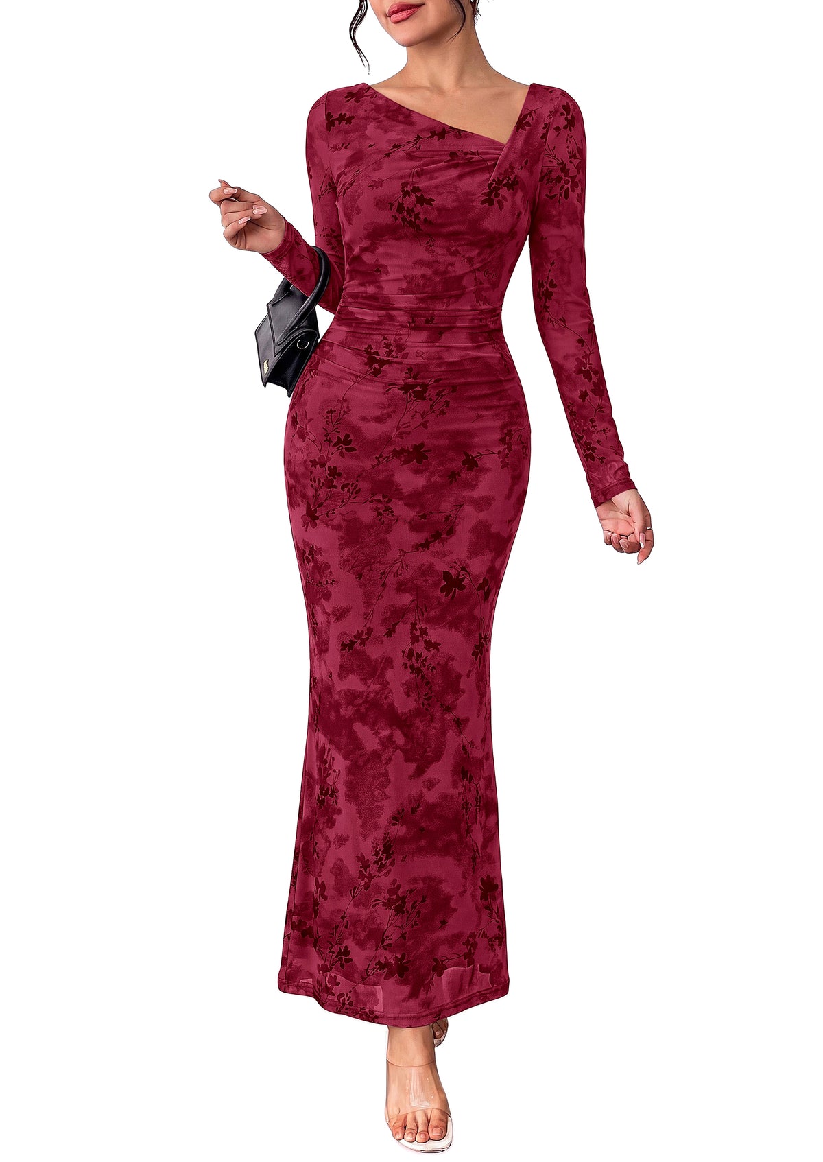 PRETTYGARDEN Womens Fall Asymmetrical Neck Formal Wedding Guest Maxi Dress  Slim Fit Mesh Floral, Ruched Bodycon Long Sleeve, Elegant Cocktail Party, Homecoming Fall Winter Dresses