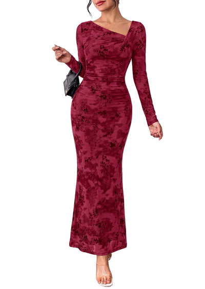 PRETTYGARDEN Womens Fall Asymmetrical Neck Formal Wedding Guest Maxi Dress  Slim Fit Mesh Floral, Ruched Bodycon Long Sleeve, Elegant Cocktail Party, Homecoming Fall Winter Dresses