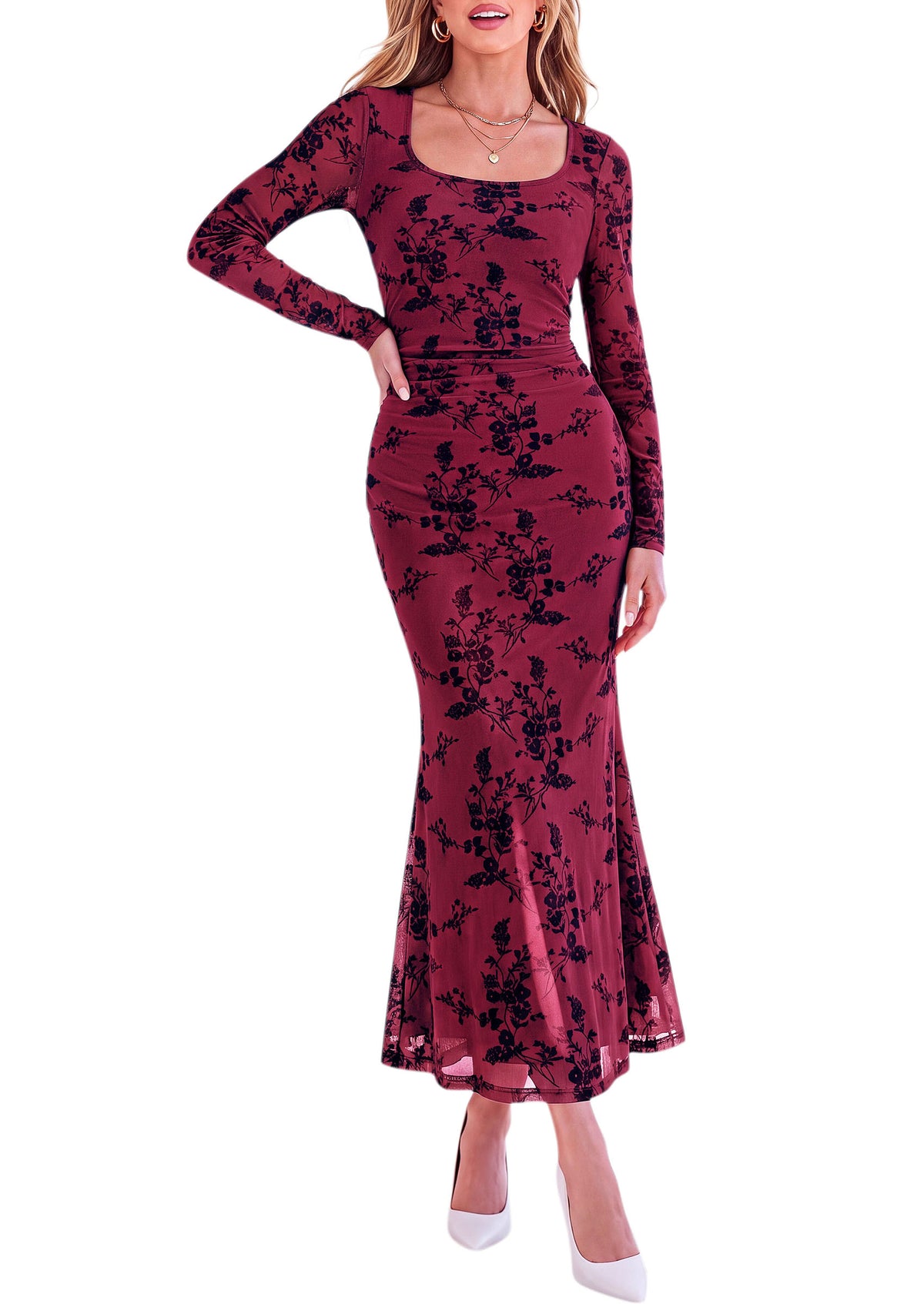 PRETTYGARDEN Women's Long Sleeve Floral Maxi Bodycon Dress  Cocktail Dresses for Wedding Guest, Square Neck, Stretchy Mesh, Elegant Classy, Formal Holiday Party, Fall Date Night Outfits