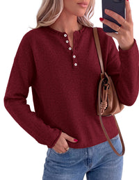 PRETTYGARDEN Women's Fall Button Up Cozy Pullover Sweaters | Stretchy Soft Knit, Drop Shoulder Long Sleeve Tops, Henley Crewneck Rolled Edge, Dressy Casual Blouses, Trendy Winter Clothes