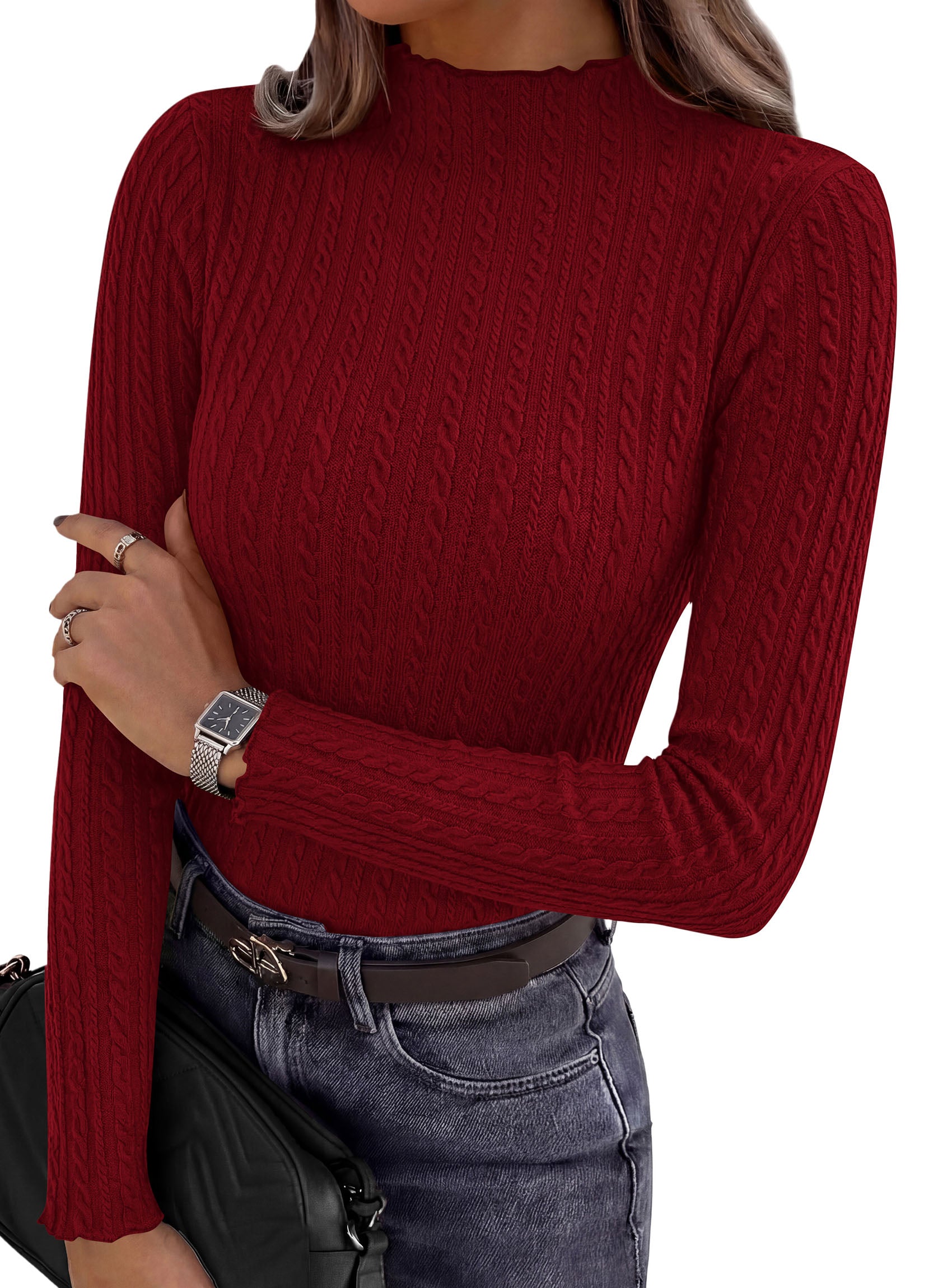 PRETTYGARDEN Women's Fall Long Sleeve Fitted Shirts | Comfy Stretchy Cable Knit, Trendy Lettuce Trim Mock Neck, Casual Basic Tees, Cute Layering Tops, 2026 Fashion Clothing
